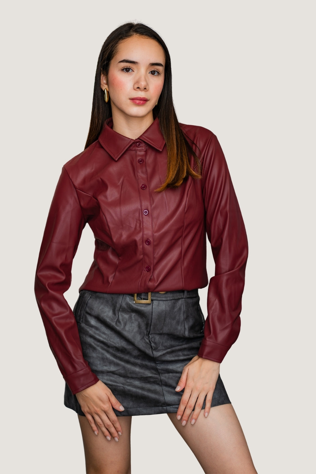 Falda Vinipiel con Corte Línea A | Cinto a Tono Gris