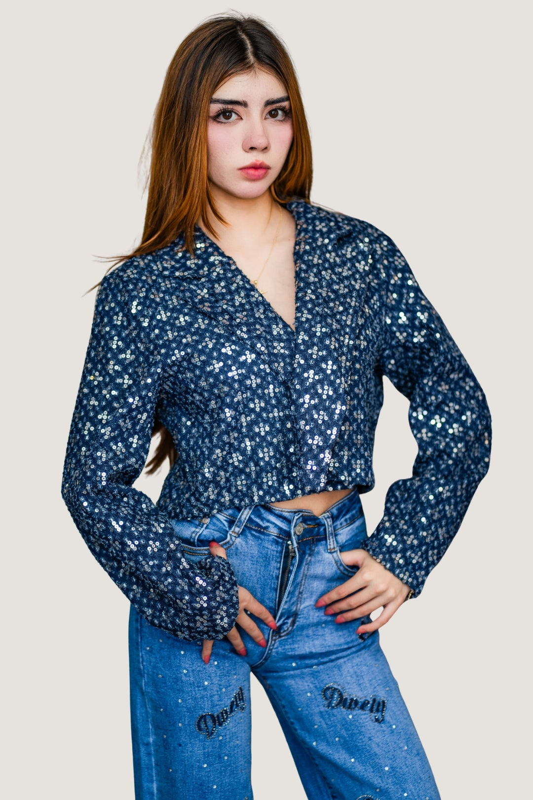 Jeans Wide Pants con Brillos y Figuras Estelares | Mezclilla Azul Medio