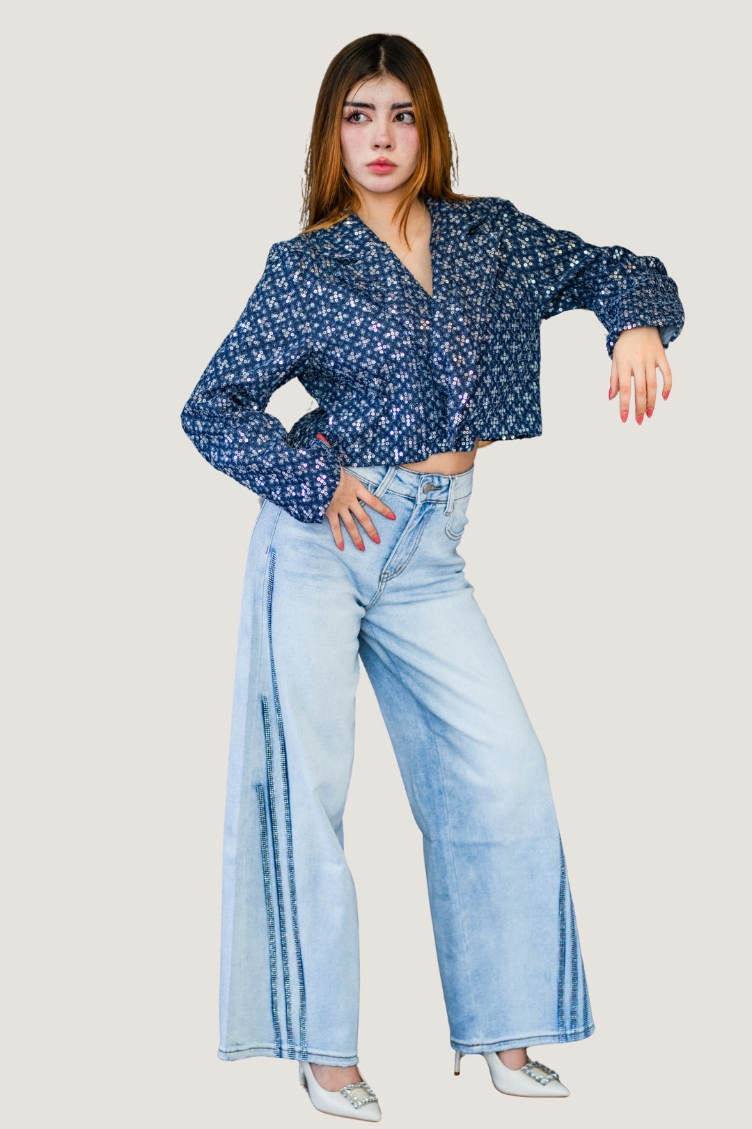 Jeans Wide Pants con Líneas Laterales de Brillos | Mezclilla Azul Claro