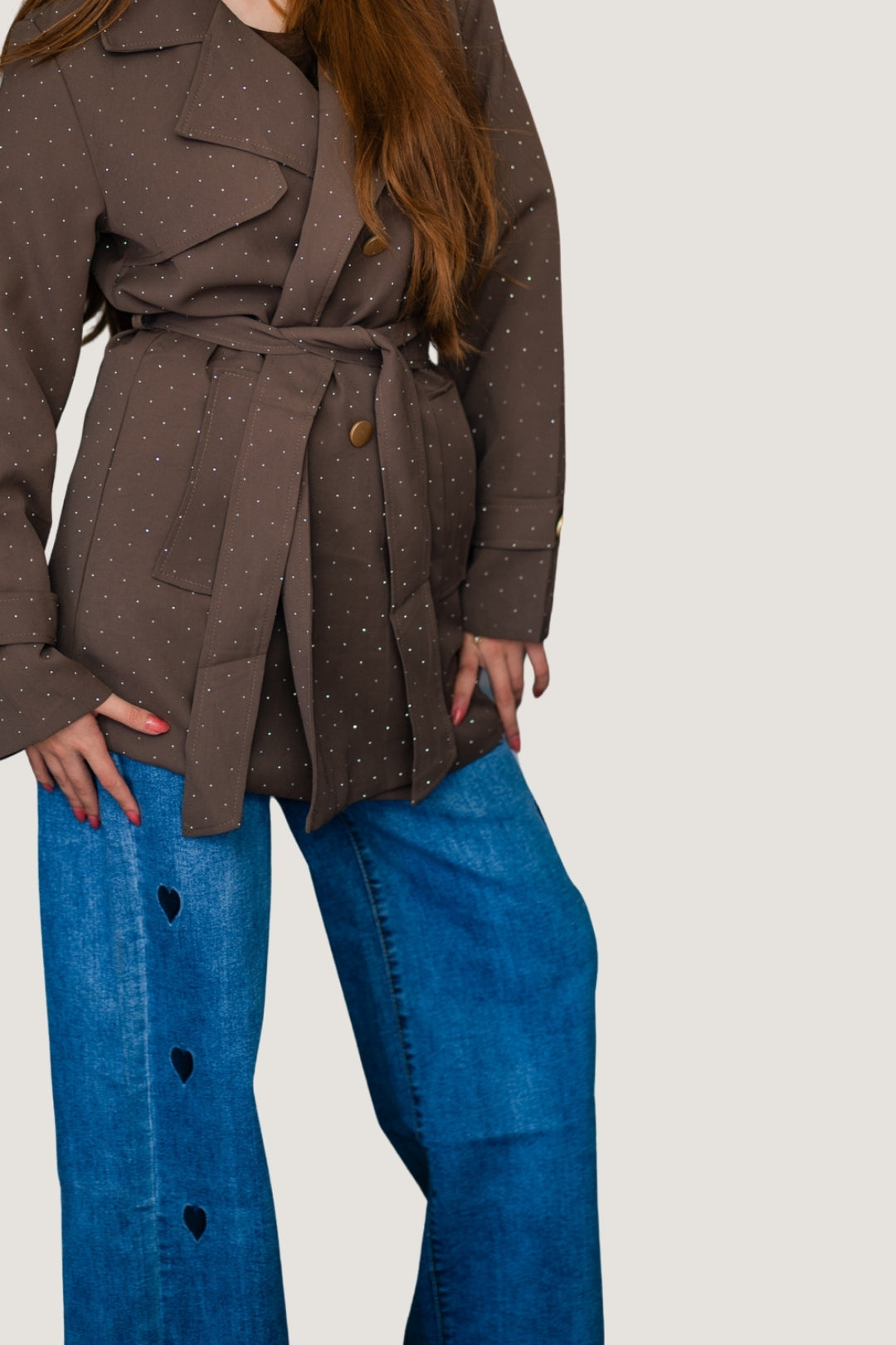 Jeans Wide Pants Amanda con Corazones Bordados en Mezclilla Azul Medio