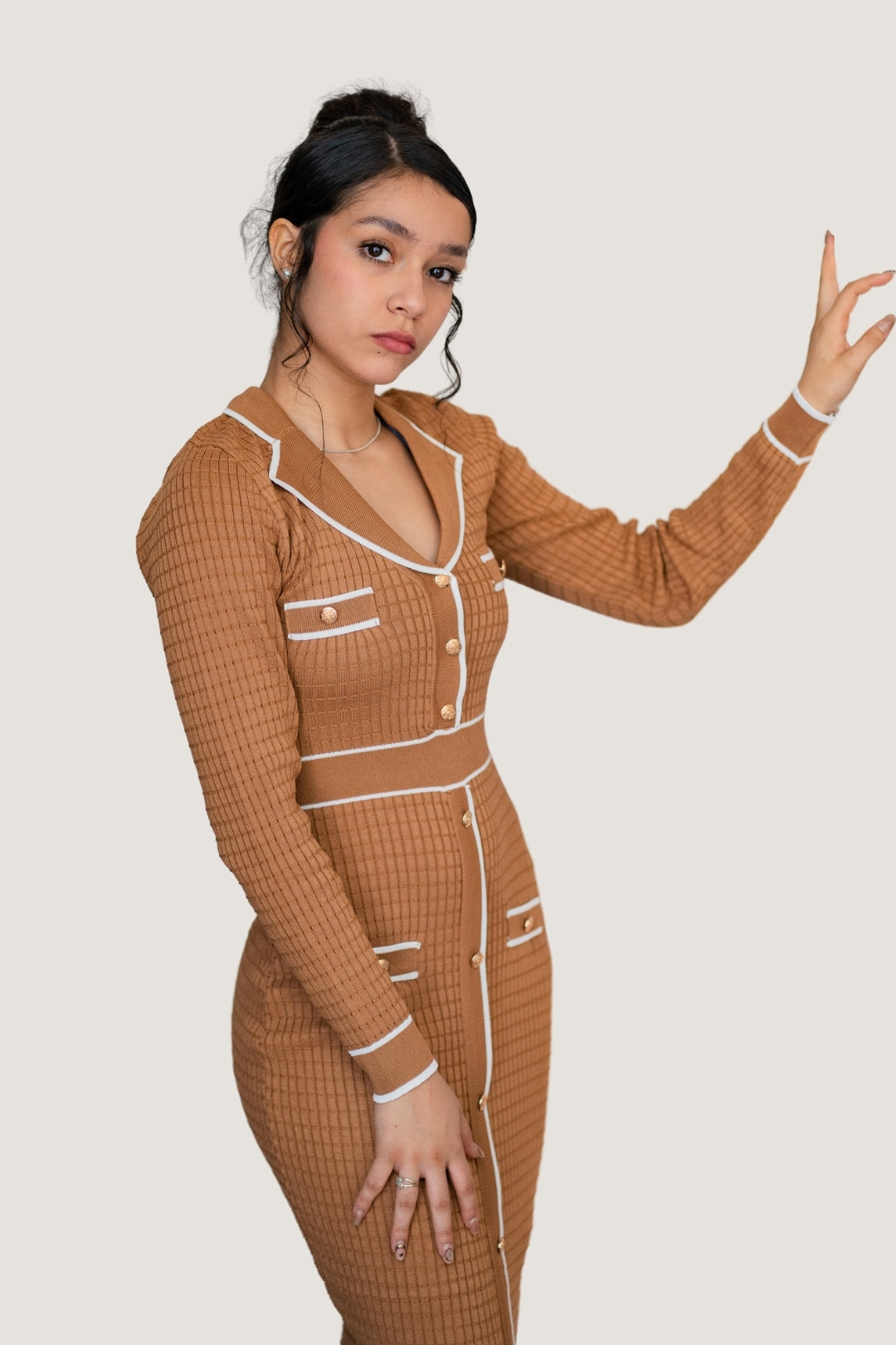 Vestido Largo Trama Contrast Caqui