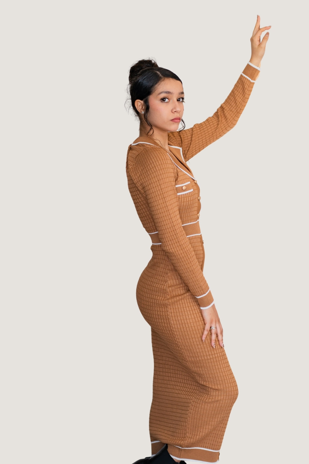 Vestido Largo Trama Contrast Caqui