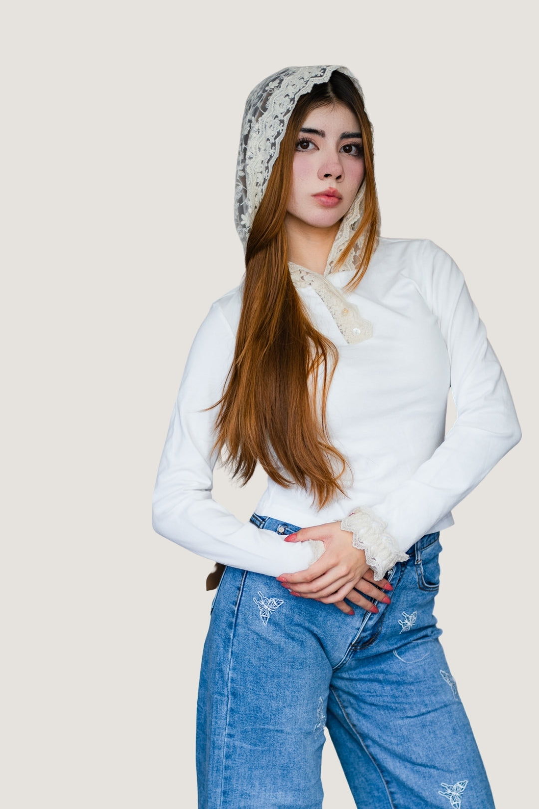 Blusa de Manga Larga de Algodón | Gorro con Detalle de Encaje