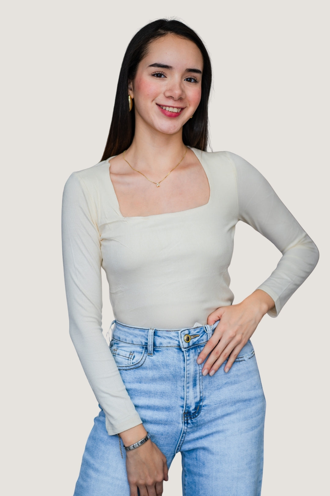 Blusa Básica de Manga Larga | Tela Algodón-Elastano con Ajuste Perfecto