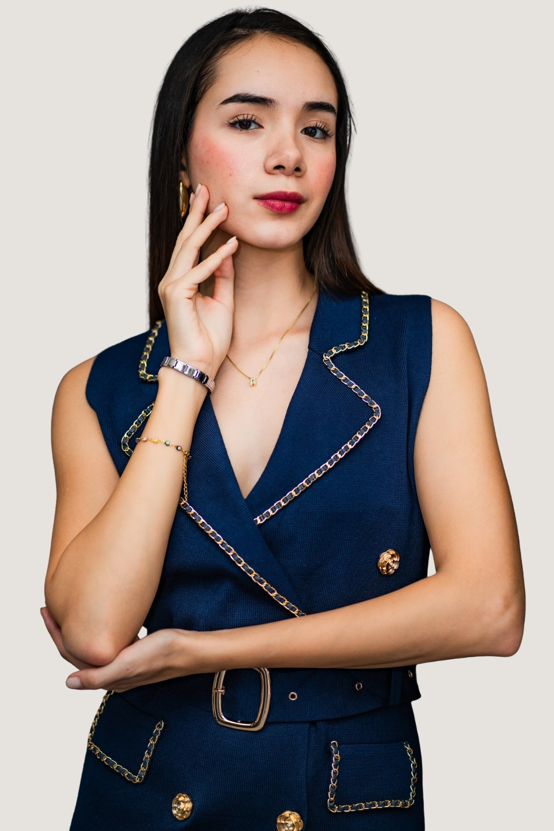 Vestido Sizado Abierto de Tejido | Cinto Ajustable para Silueta Definida Azul