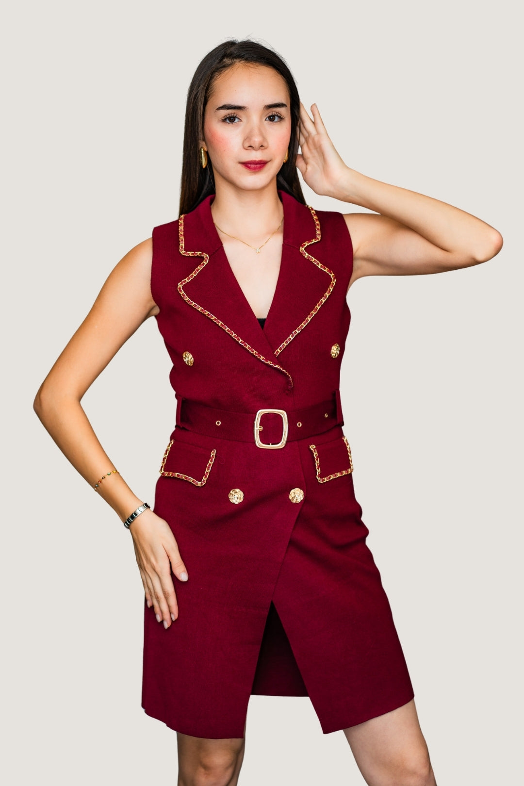 Vestido Sizado Abierto de Tejido | Cinto Ajustable para Silueta Definida Tinto