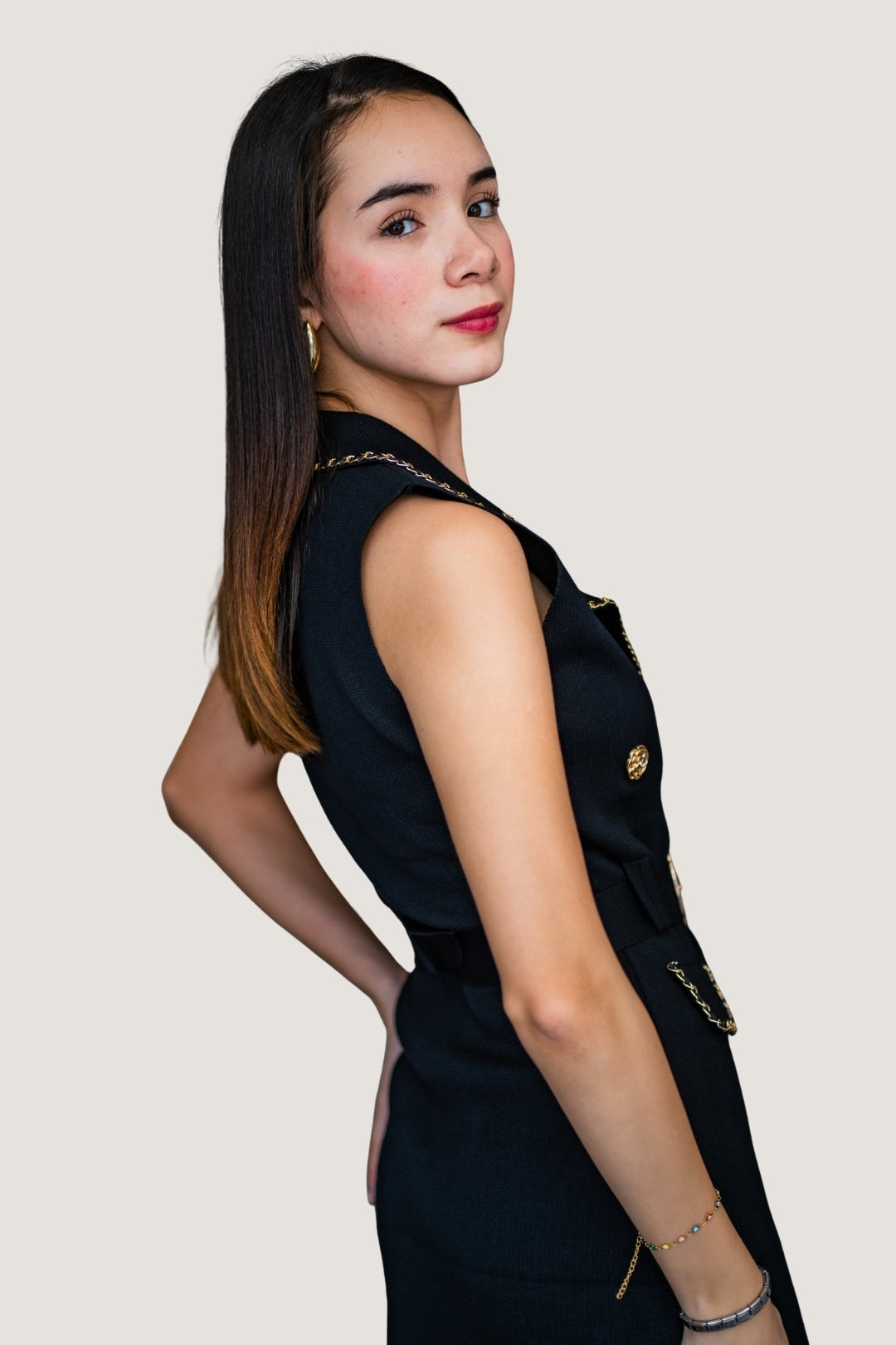 Vestido Sizado Abierto de Tejido | Cinto Ajustable para Silueta Definida Negro