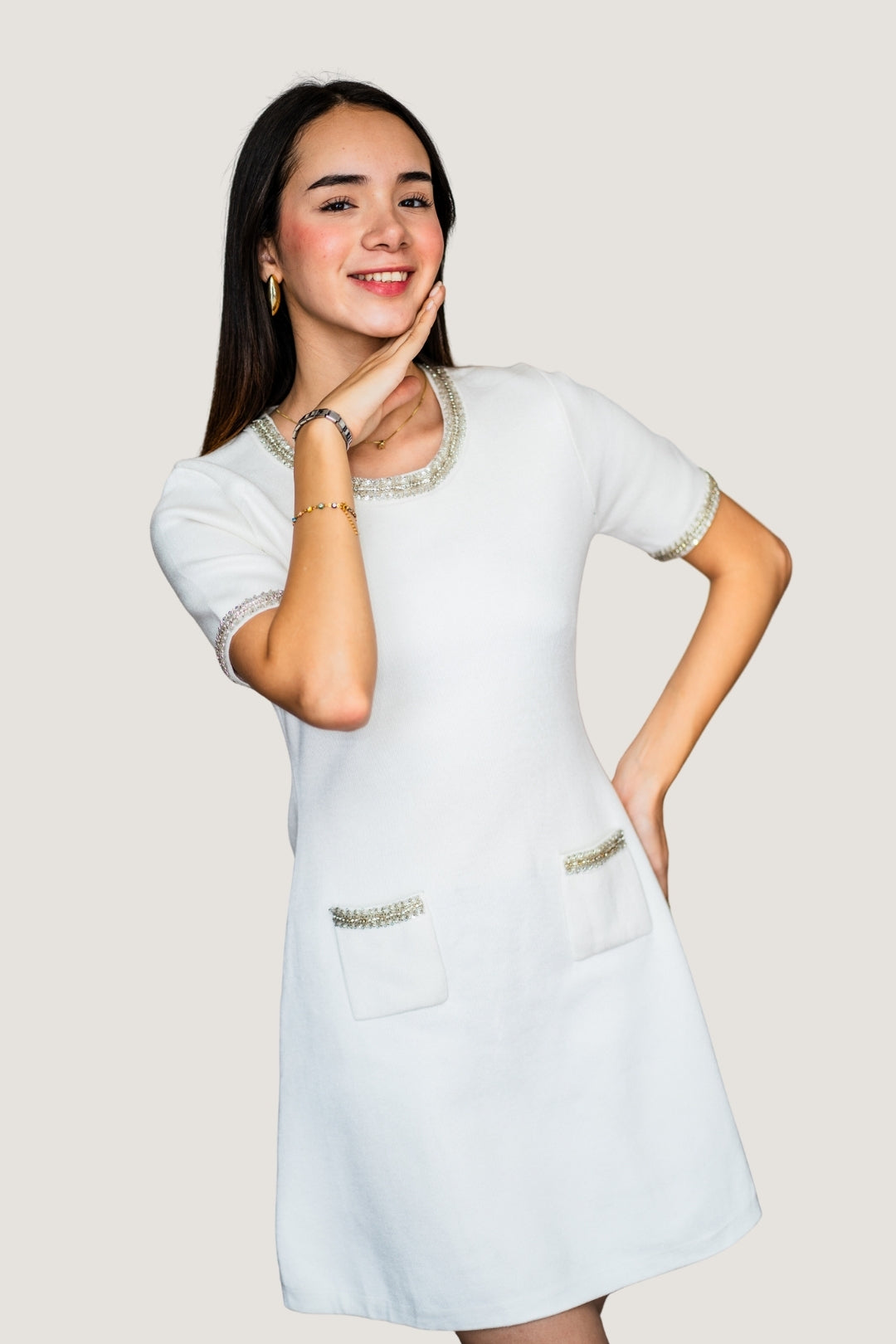 Vestido de Punto de Manga Corta Blanco