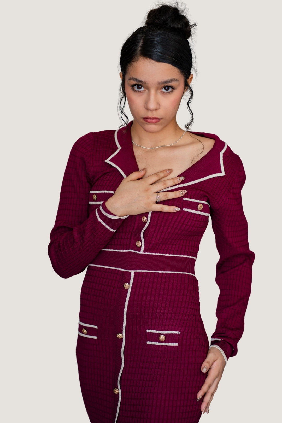 Vestido Largo Trama Contrast Tinto