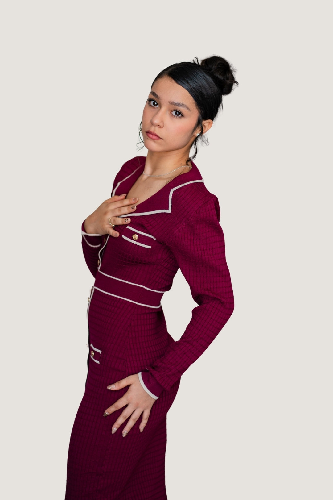 Vestido Largo Trama Contrast Tinto