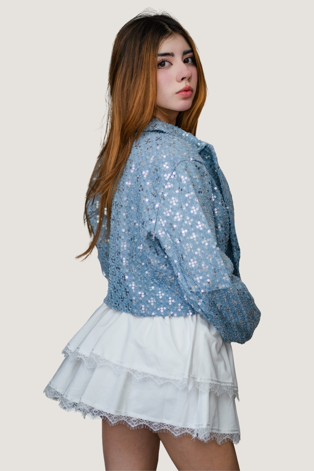 Chamarra de Mezclilla con Aplicaciones de Lentejuelas Azul claro