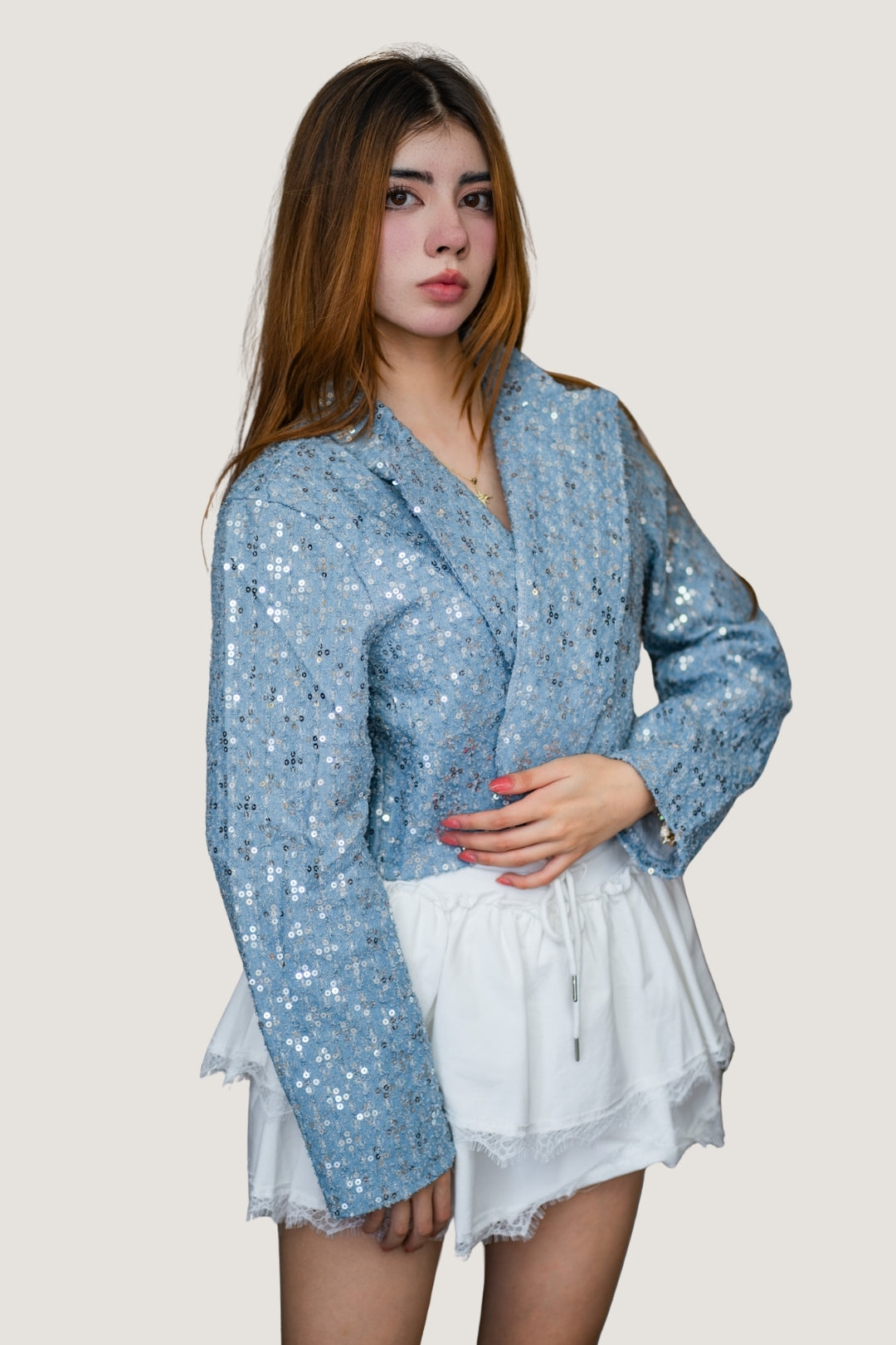 Chamarra de Mezclilla con Aplicaciones de Lentejuelas Azul claro