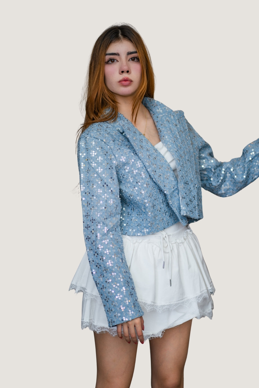 Chamarra de Mezclilla con Aplicaciones de Lentejuelas Azul claro