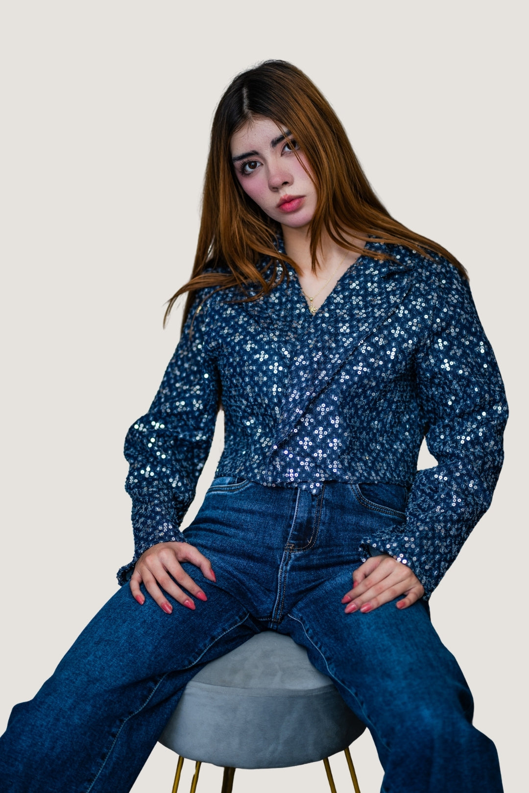 Chamarra de Mezclilla con Aplicaciones de Lentejuelas Azul marino