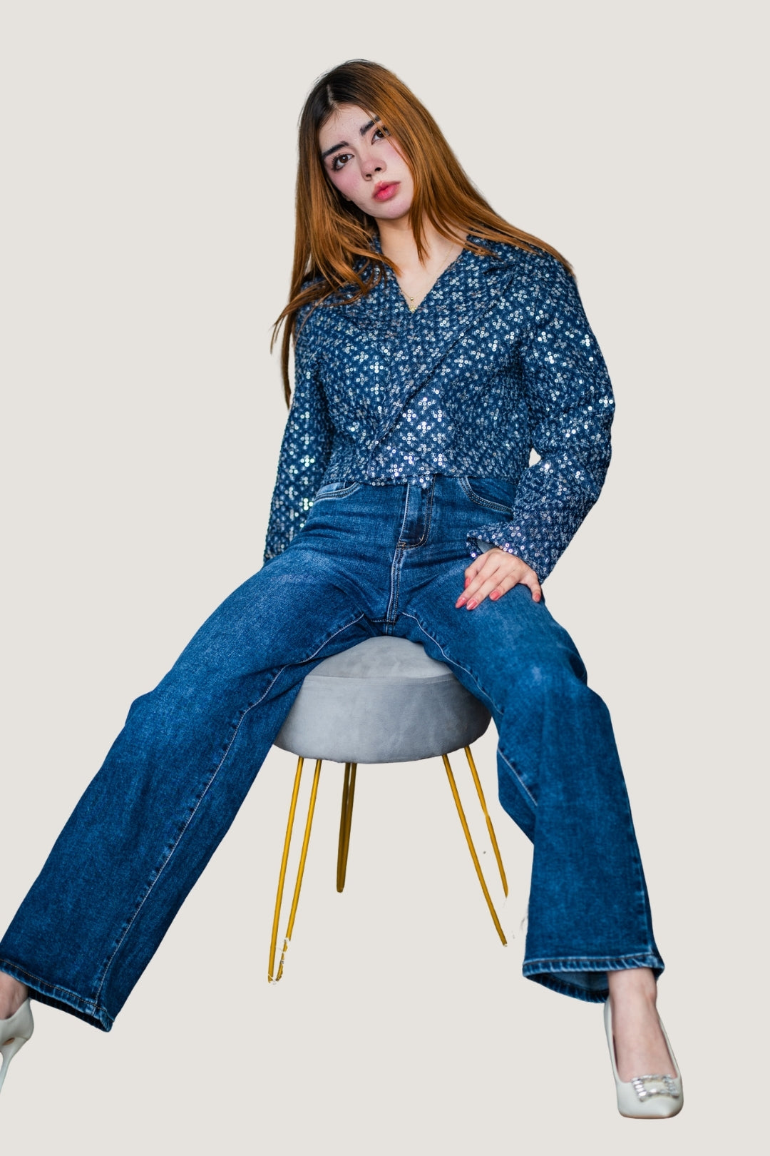 Chamarra de Mezclilla con Aplicaciones de Lentejuelas Azul marino