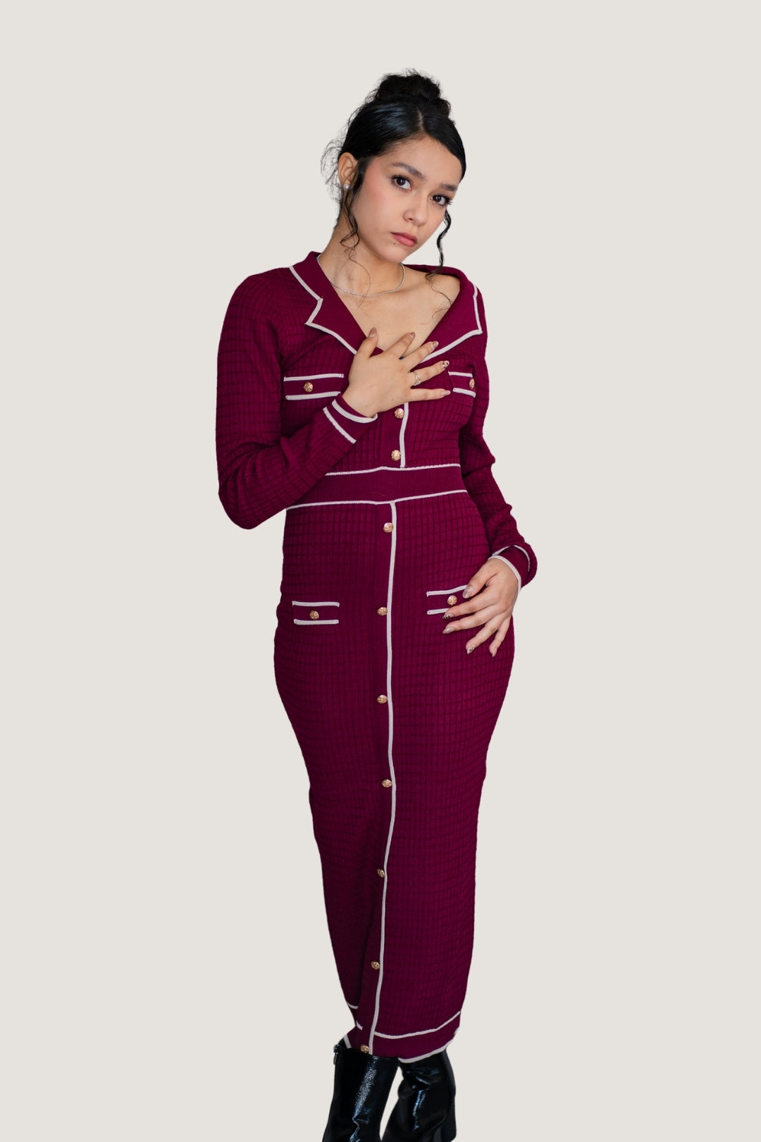 Vestido Largo Trama Contrast Tinto