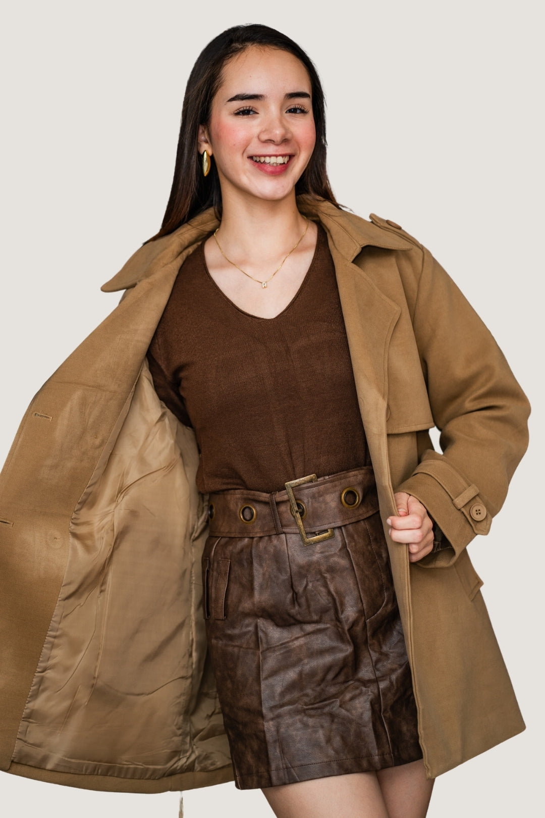 Falda Vinipiel con Corte Línea A | Cinto a Tono Café