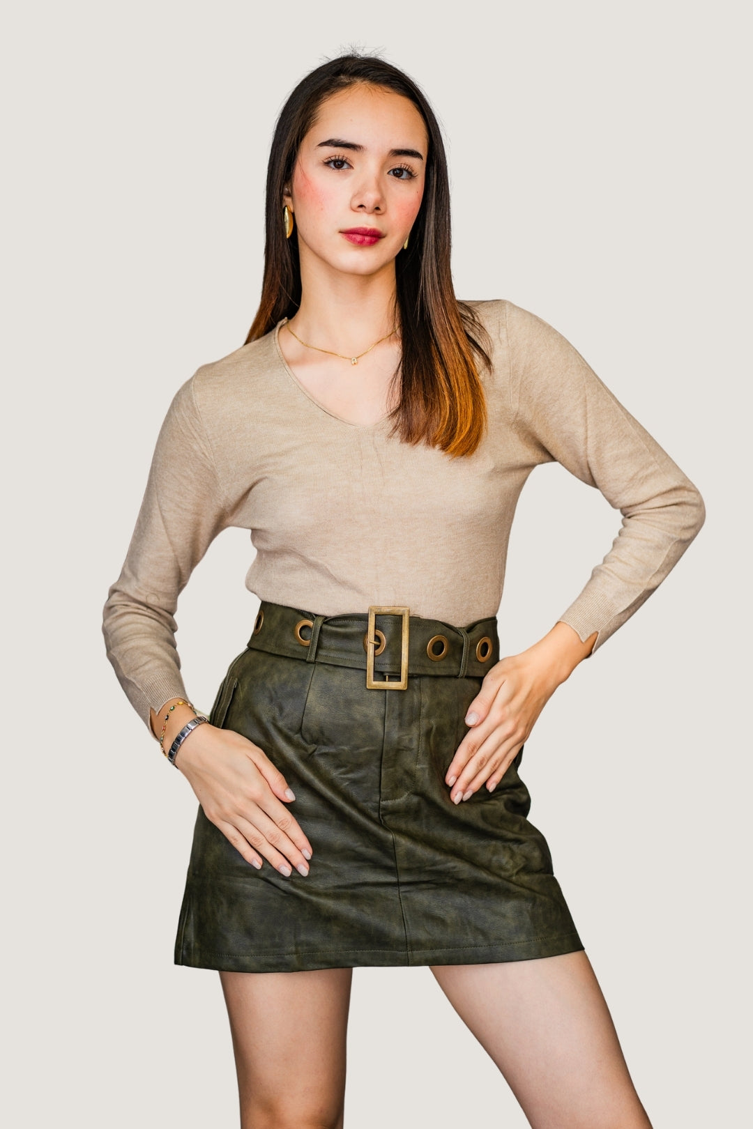 Falda Vinipiel con Corte Línea A | Cinto a Tono Verde Olivo