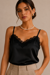 Blusa Satín Negra Tirantes Encaje