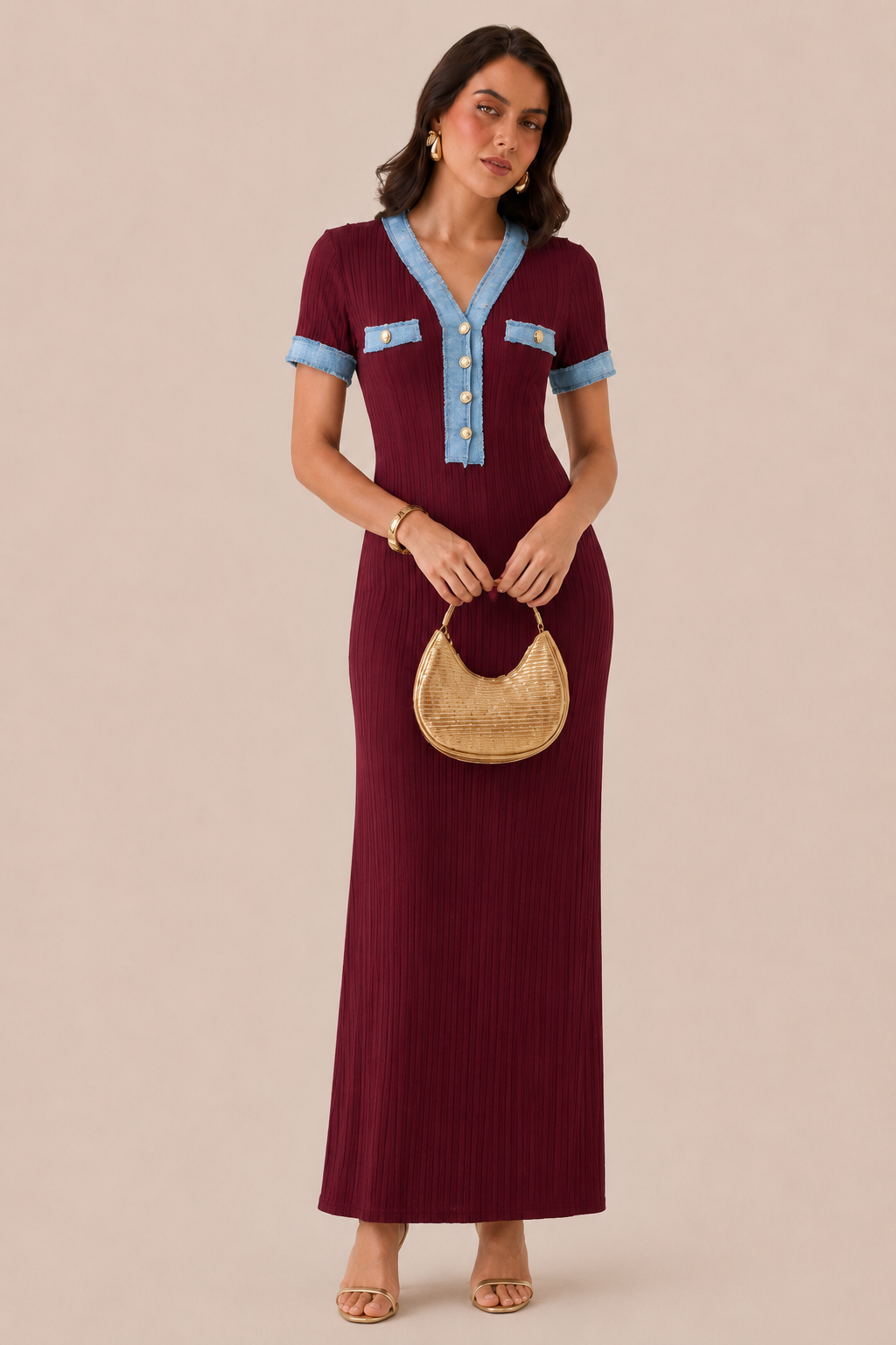 VESTIDO MAXI VINO CON DETALLES EN MEZCLILLA