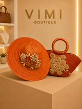 SOMBRERO NARANJA ARTESANAL CON FLORES Y BOLSO A JUEGO
