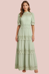Vestido Verde Estilo Bohemio Encaje Floral Manga Corta