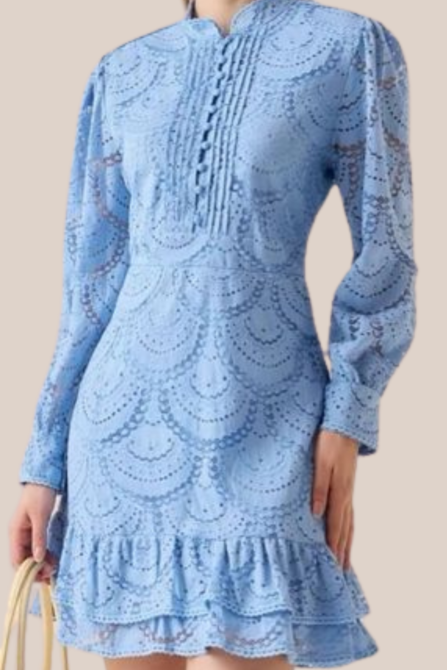 Vestido Corto Azul de Encaje Mangas Largas y Botones