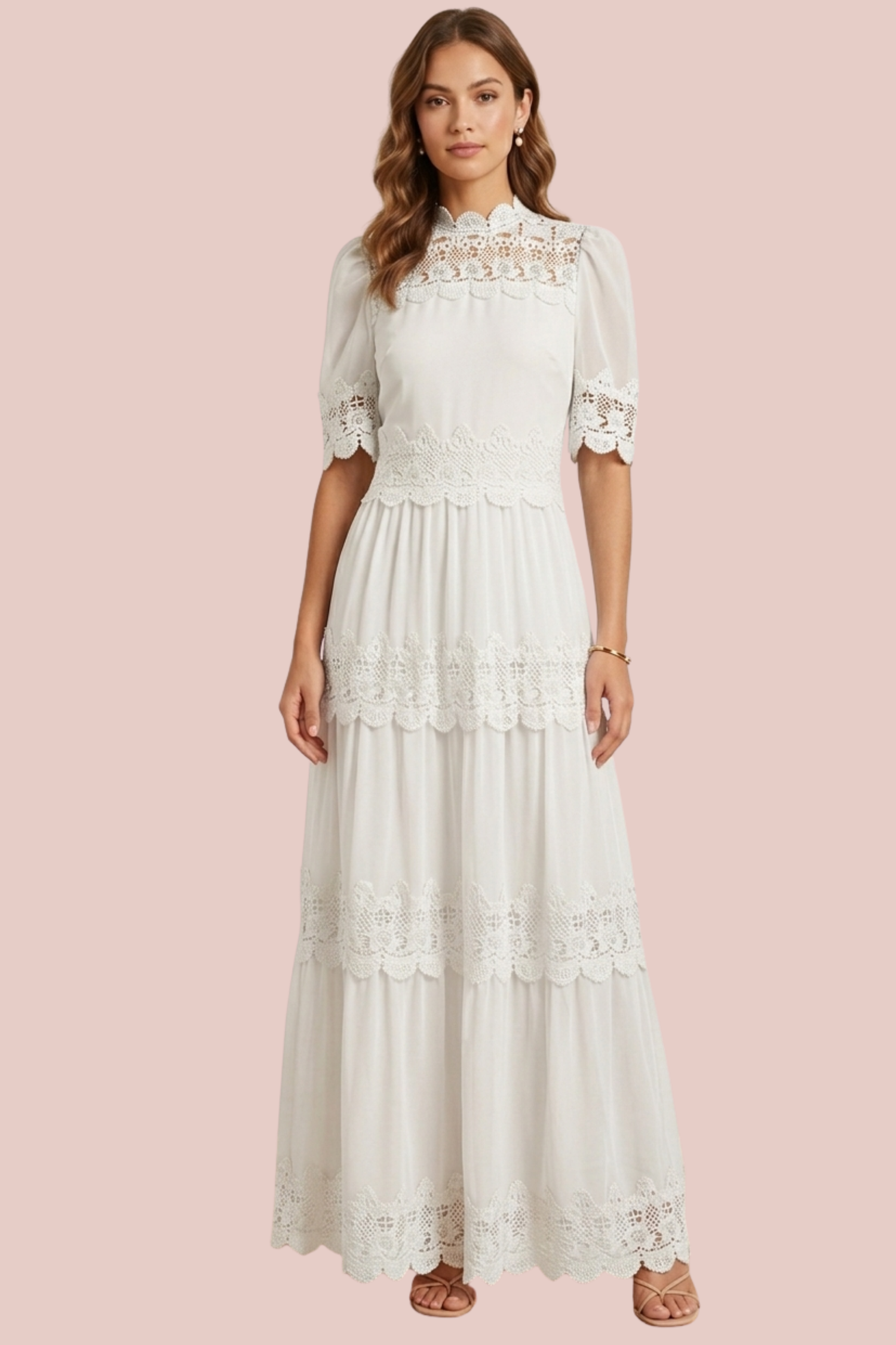 Vestido Blanco Estilo Bohemio Encaje Floral Manga Corta