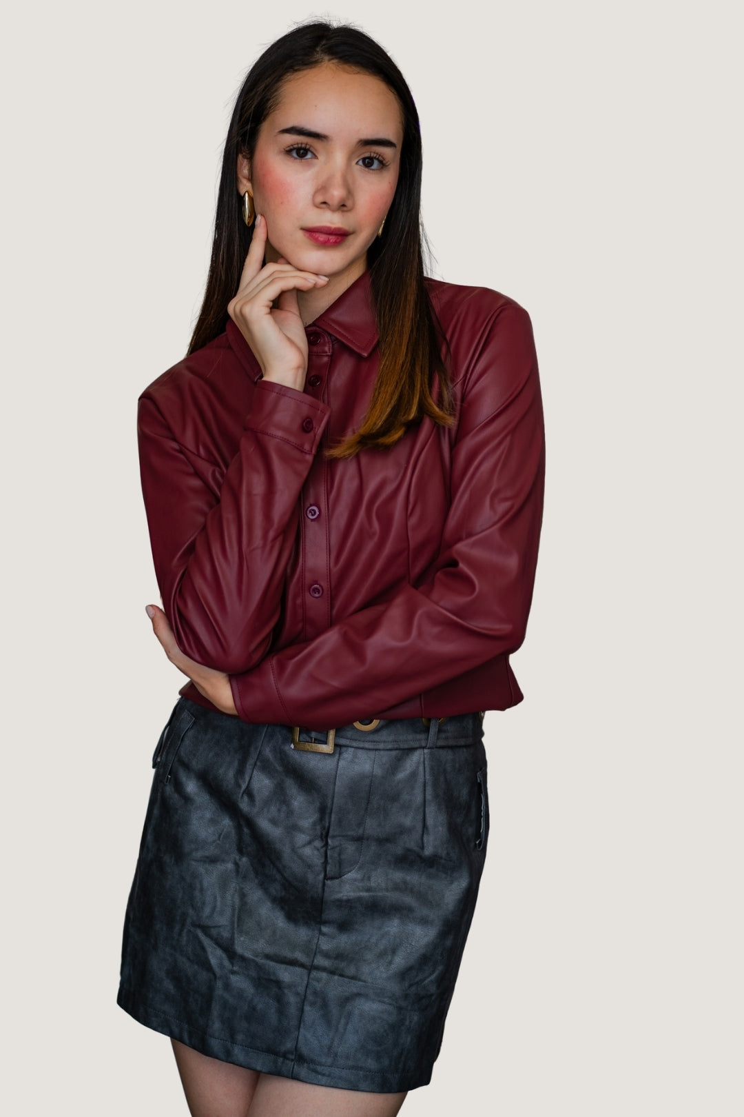 Falda Vinipiel con Corte Línea A | Cinto a Tono Gris