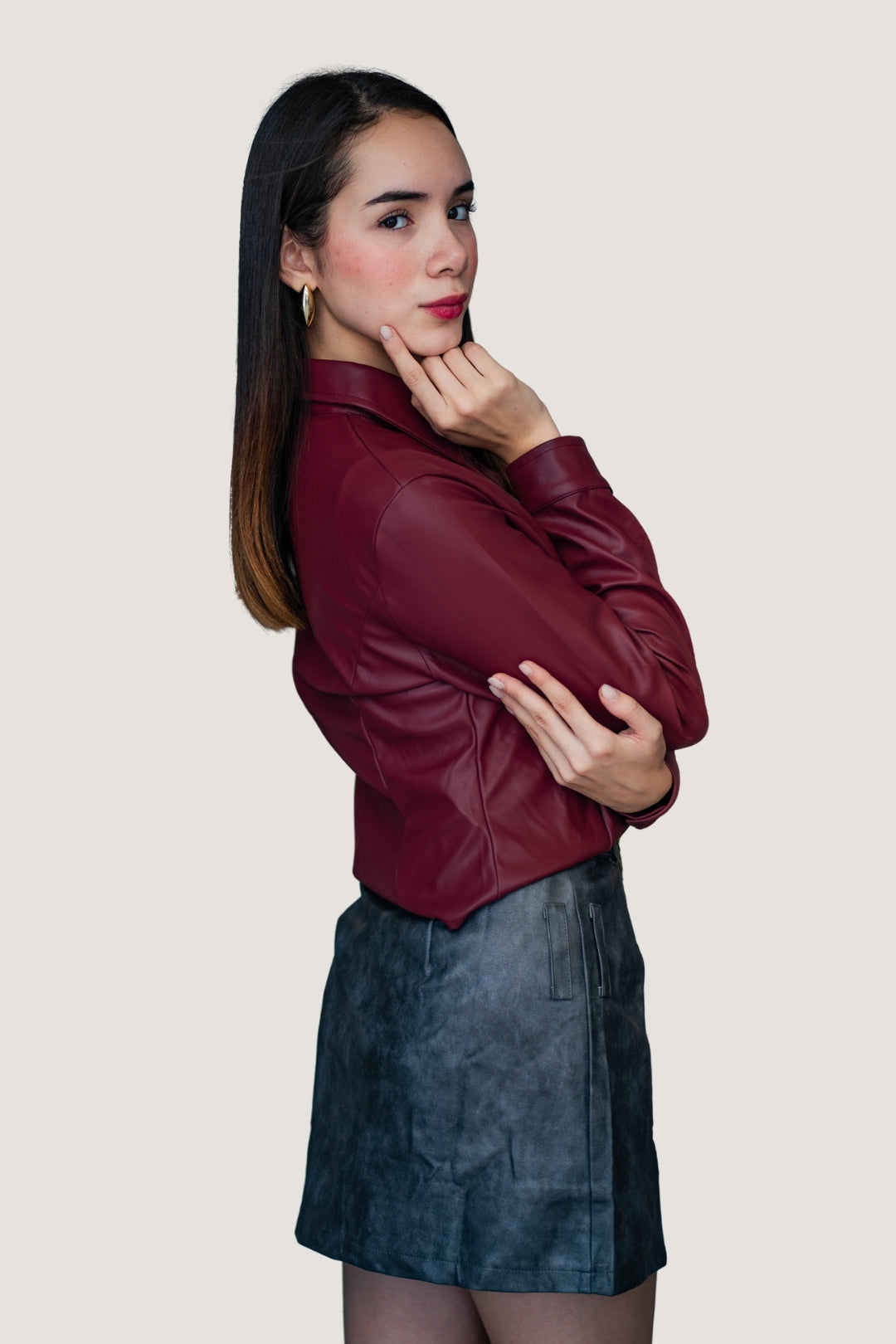 Falda Vinipiel con Corte Línea A | Cinto a Tono Gris