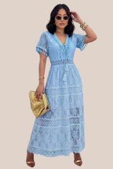 Vestido Estilo Bohemio Manga Corta de Encaje, Escote V, Cordones Con Cuentas Doradas