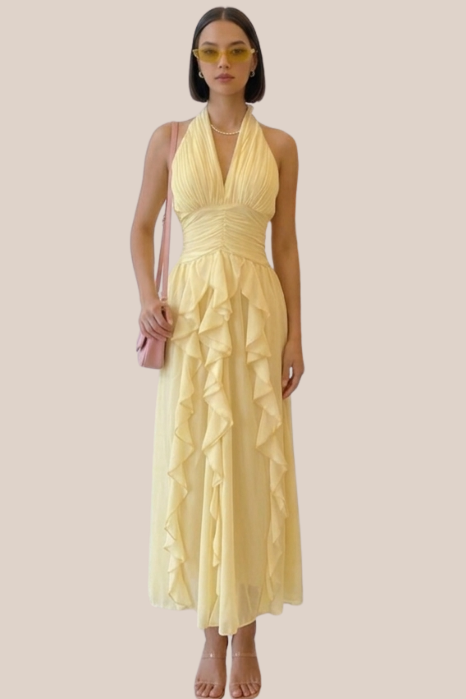 Vestido Amarillo Cuello Halter Con Volantes Verticales