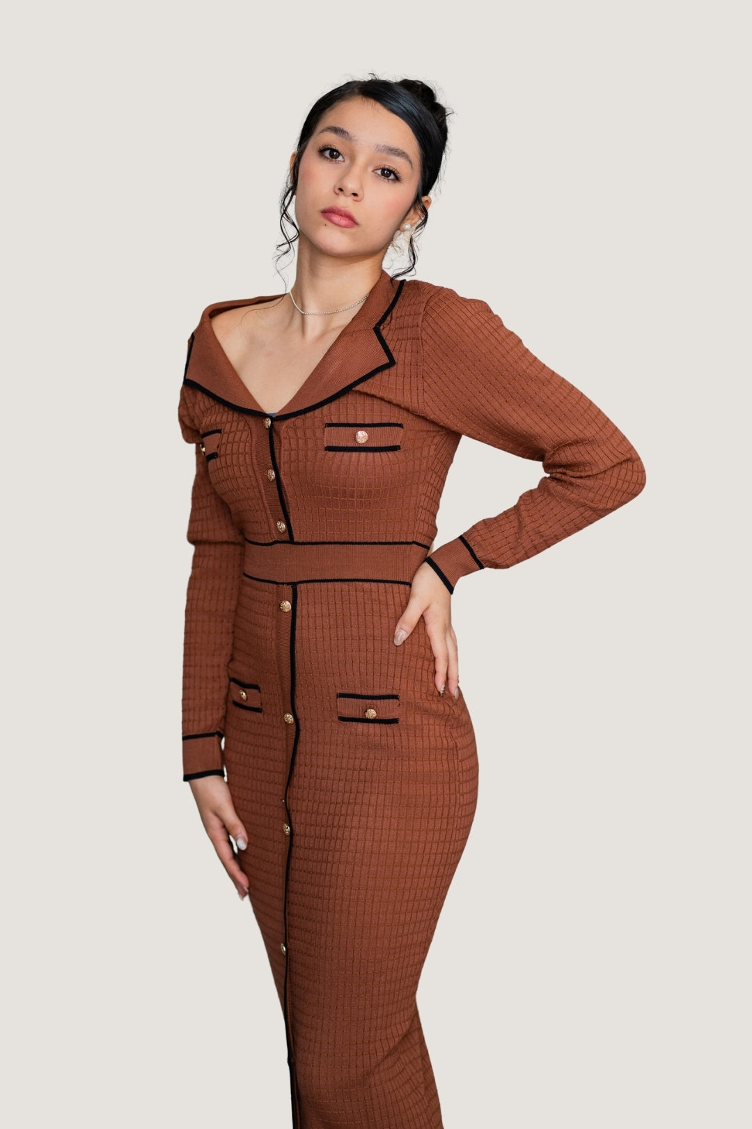 Vestido Largo Trama Contrast Café Terracota