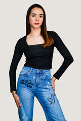 Jeans Wide Pants con Letras "Street Art" | Mezclilla Azul Medio