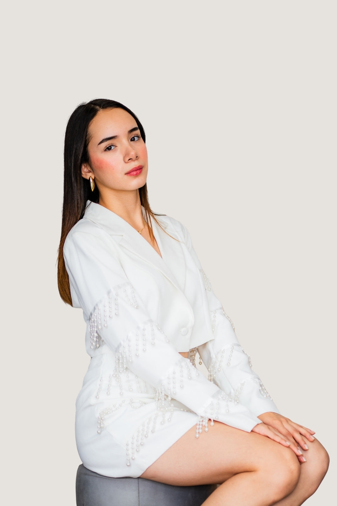Conjunto de Blazer Cropped y Falda con Perlas Blanco