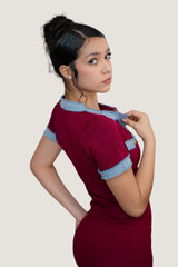 Vestido Largo de Tejido Elástico con Detalles de Mezclilla Tinto