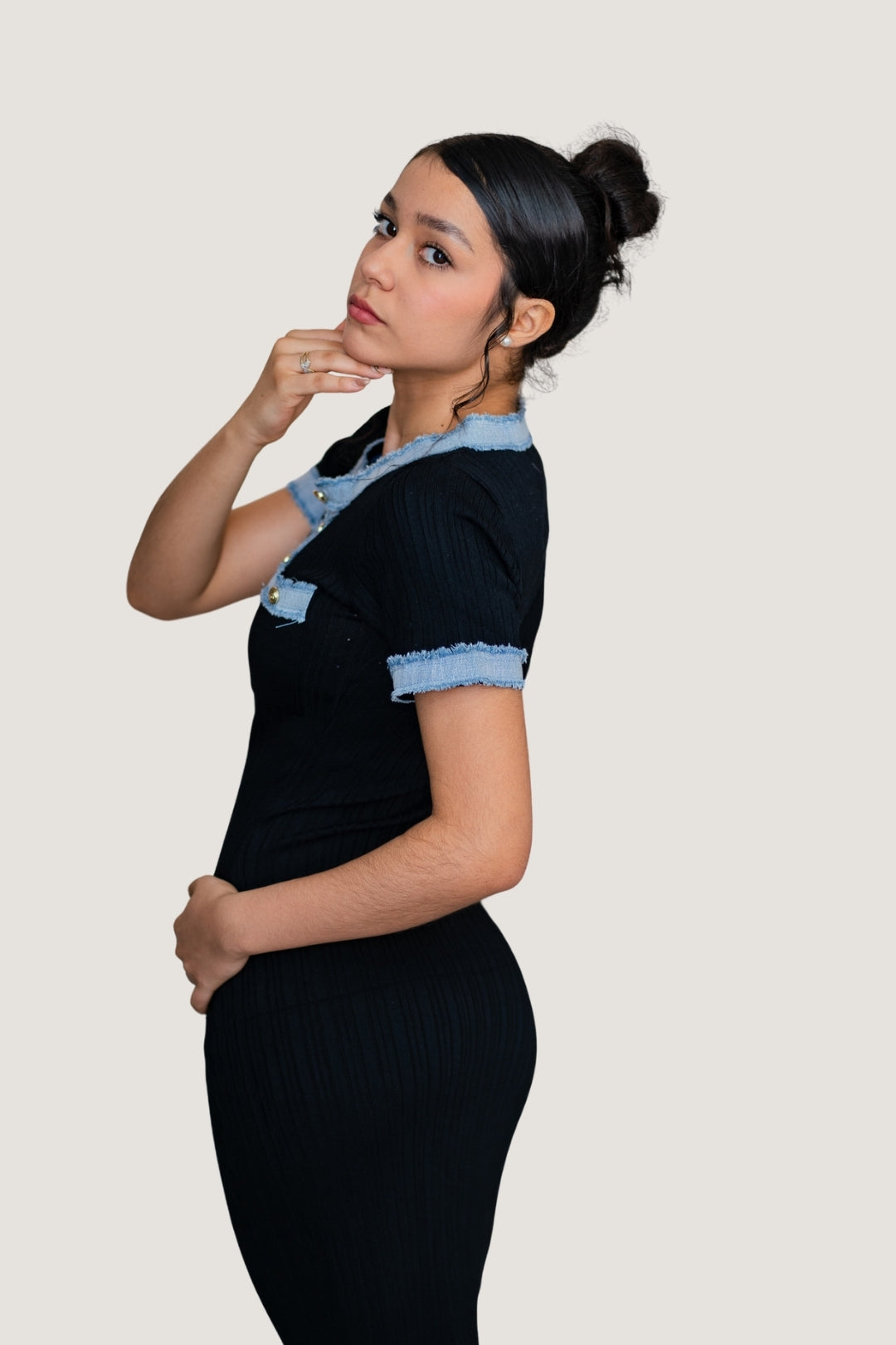 Vestido Largo de Tejido Elástico con Detalles de Mezclilla Negro