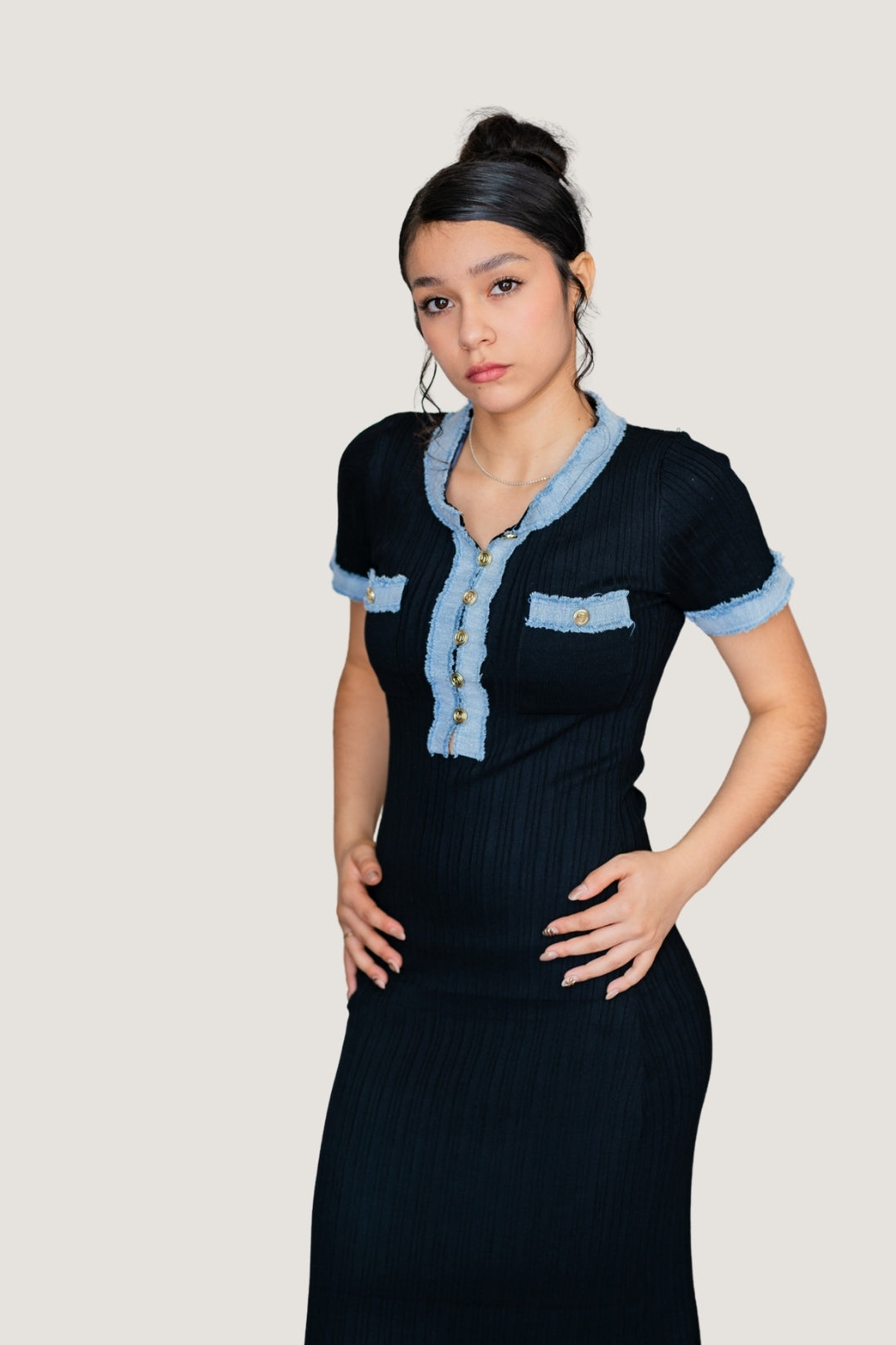 Vestido Largo de Tejido Elástico con Detalles de Mezclilla Negro