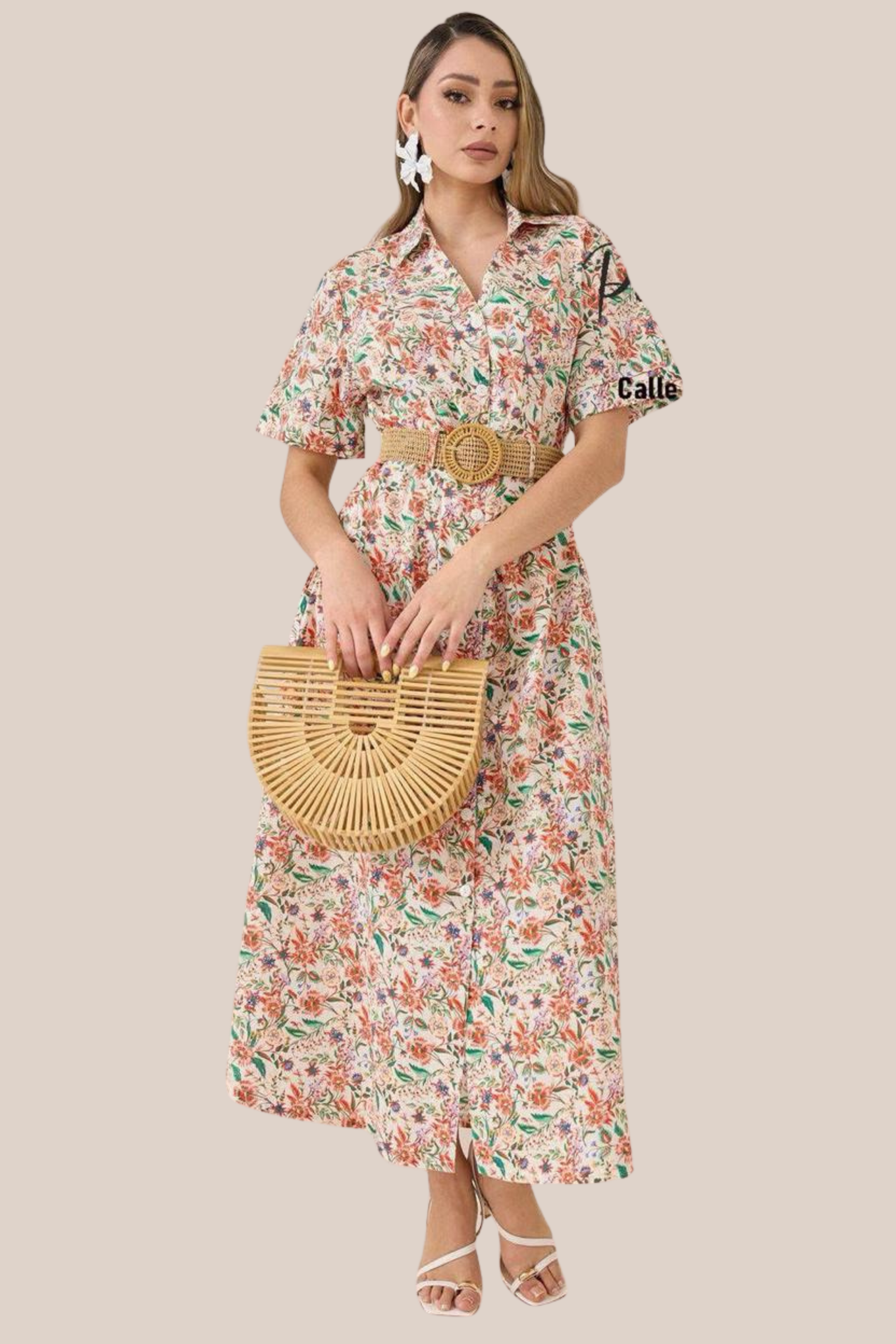 Vestido Floral Manga Corta Cinturon Tipo Rafia