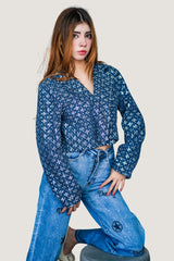 Jeans Wide Pants con Brillos y Figuras Estelares | Mezclilla Azul Medio