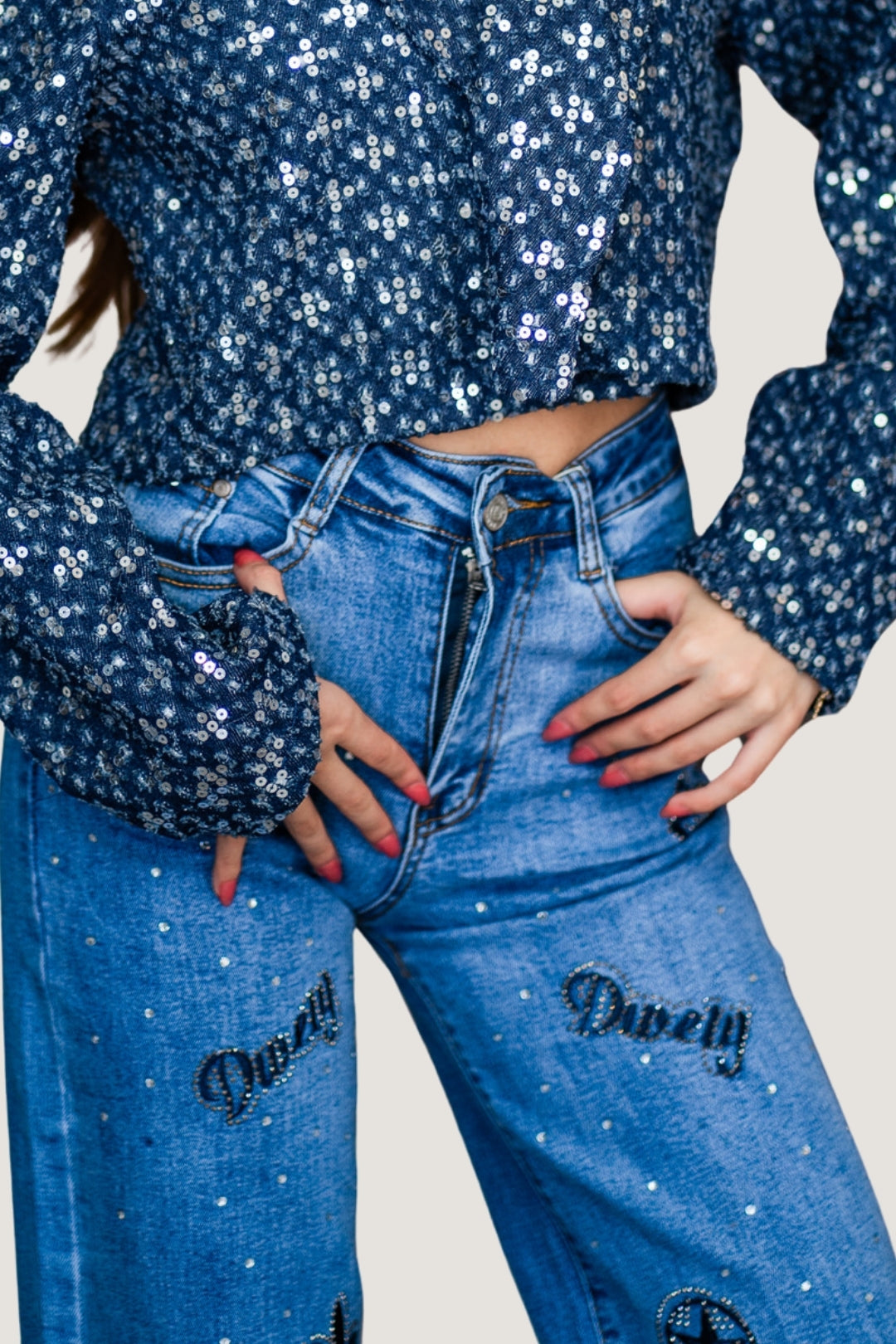 Jeans Wide Pants con Brillos y Figuras Estelares | Mezclilla Azul Medio