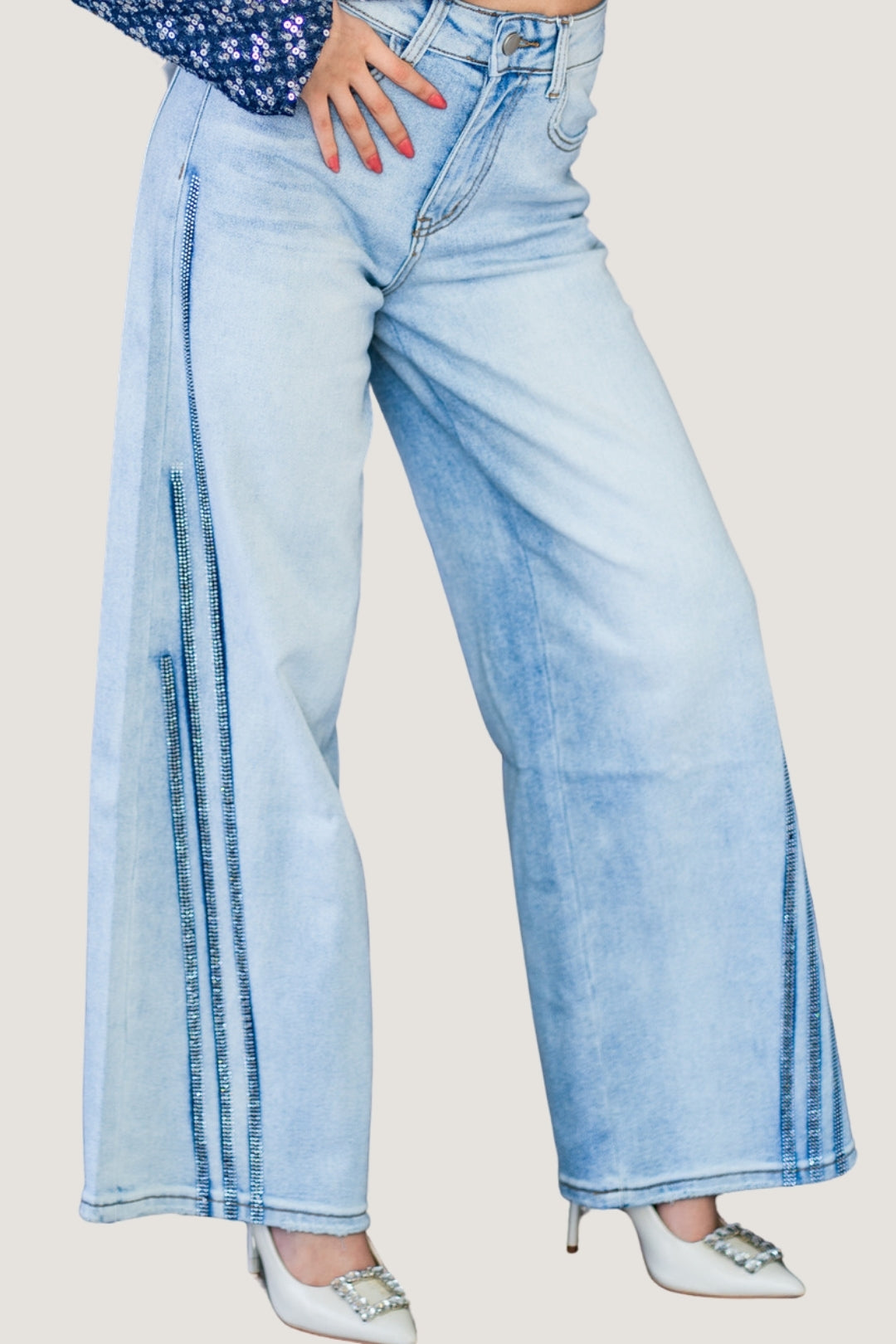 Jeans Wide Pants con Líneas Laterales de Brillos | Mezclilla Azul Claro