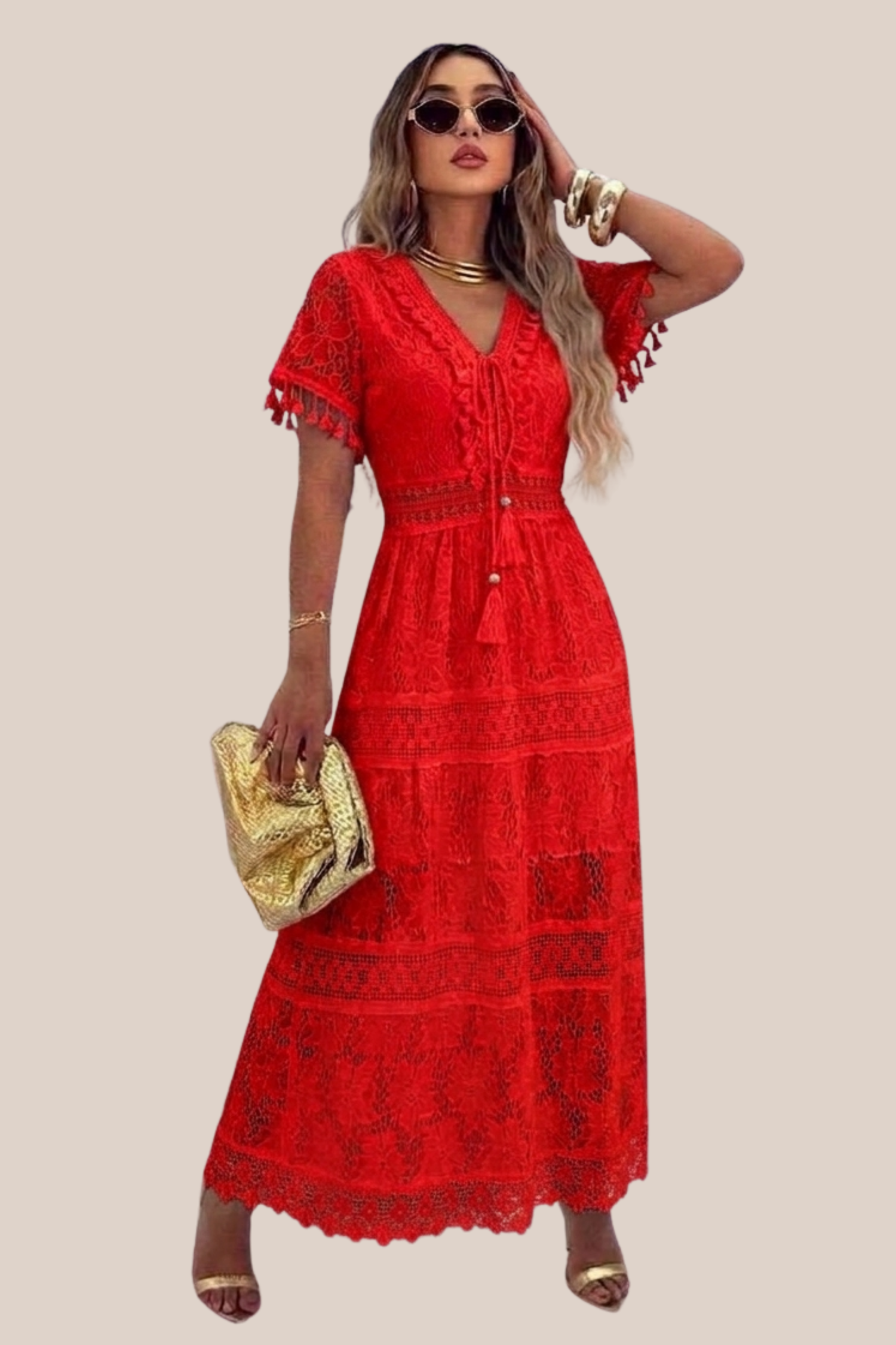 Vestido Rojo Estilo Bohemio Manga Corta de Encaje, Escote V, Cordones Con Cuentas Doradas