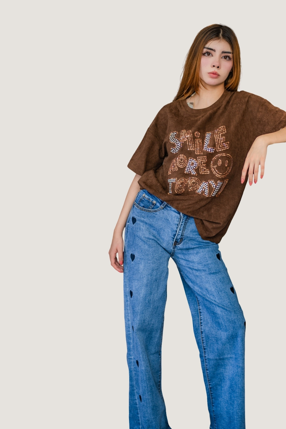 Jeans Wide Pants Amanda con Corazones Bordados en Mezclilla Azul Medio