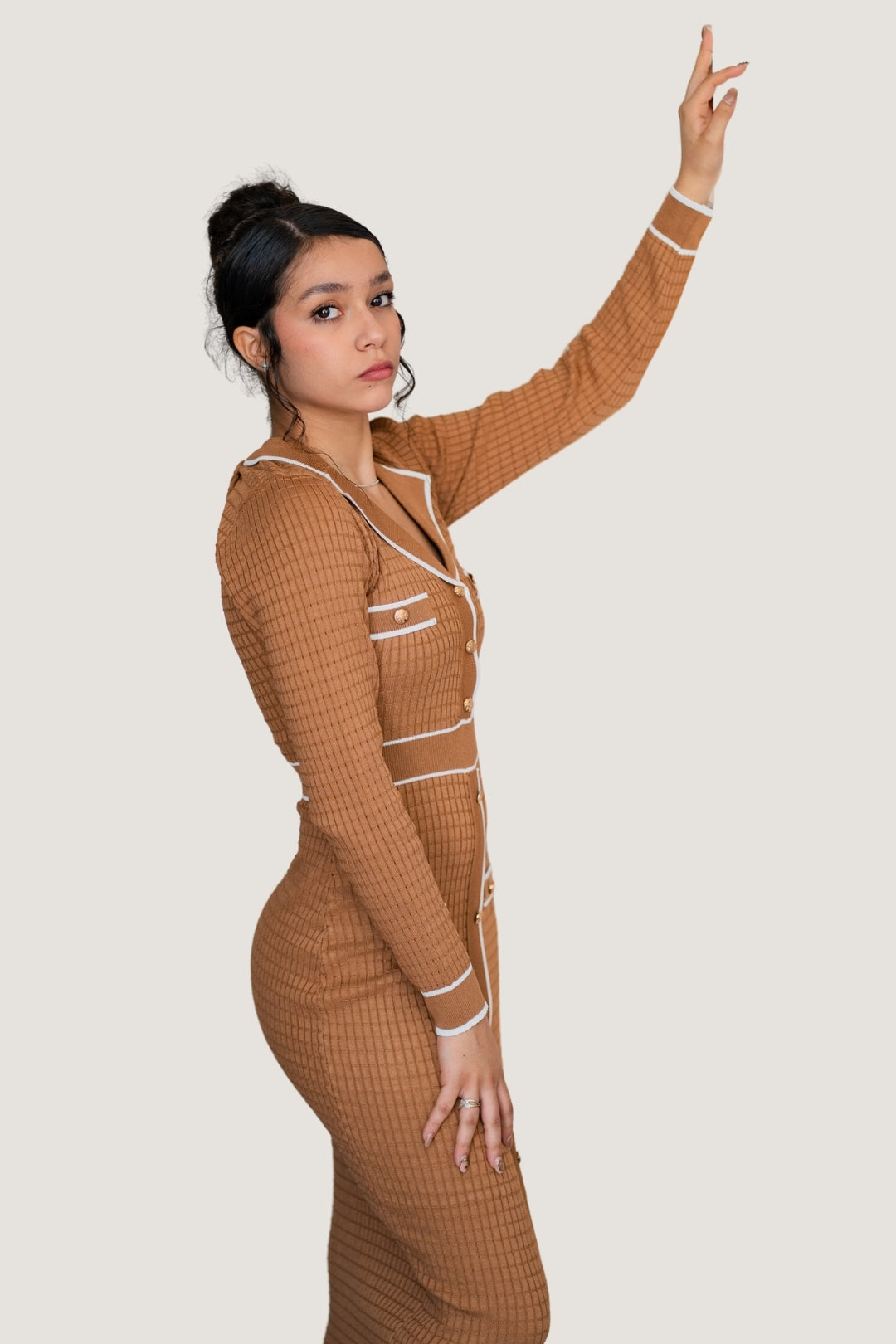 Vestido Largo Trama Contrast Caqui