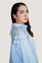 Camiseta de Botones con Cuello Clásico y Estoperoles Plateados Azul