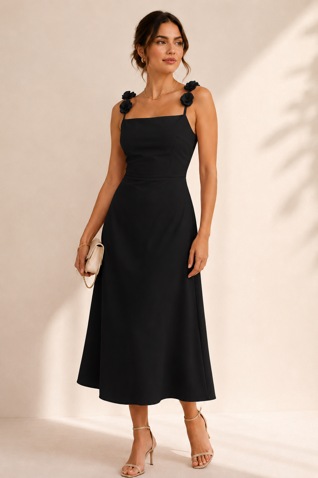 Vestido Negro Satín Con Flores