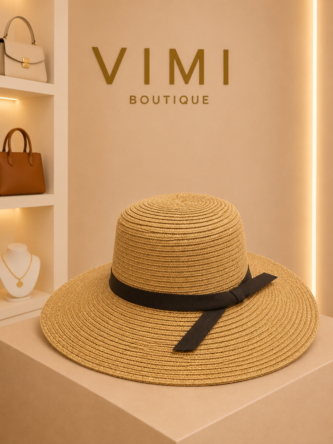 SOMBRERO TEJIDO CAMEL CON LISTÓN NEGRO