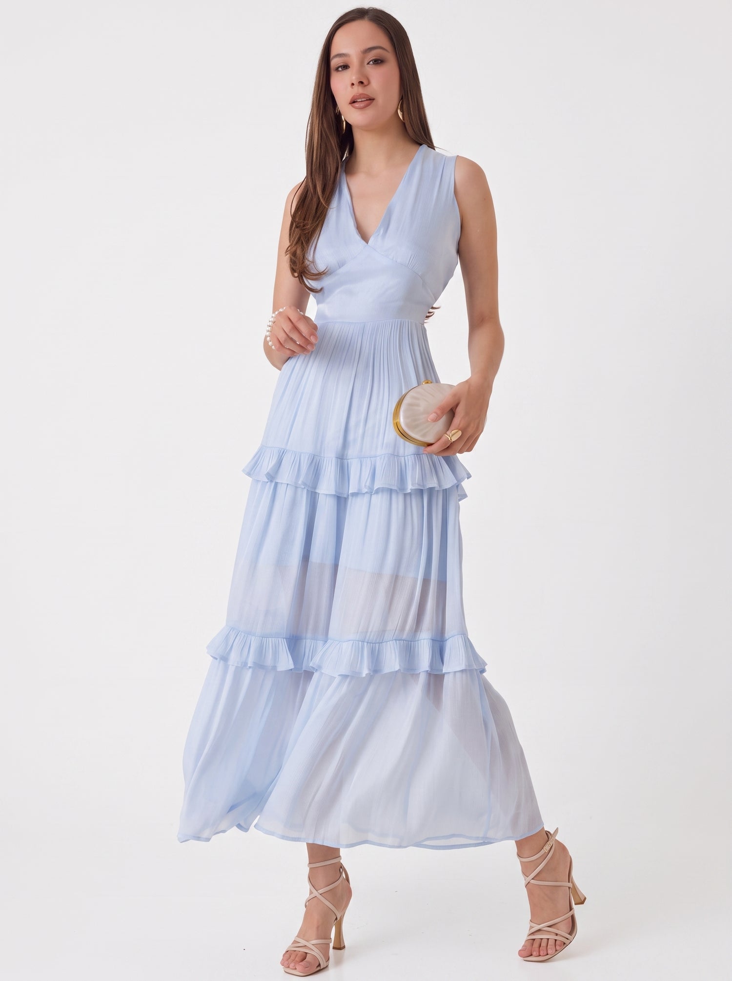 Vestido Azul Plisado de Satín