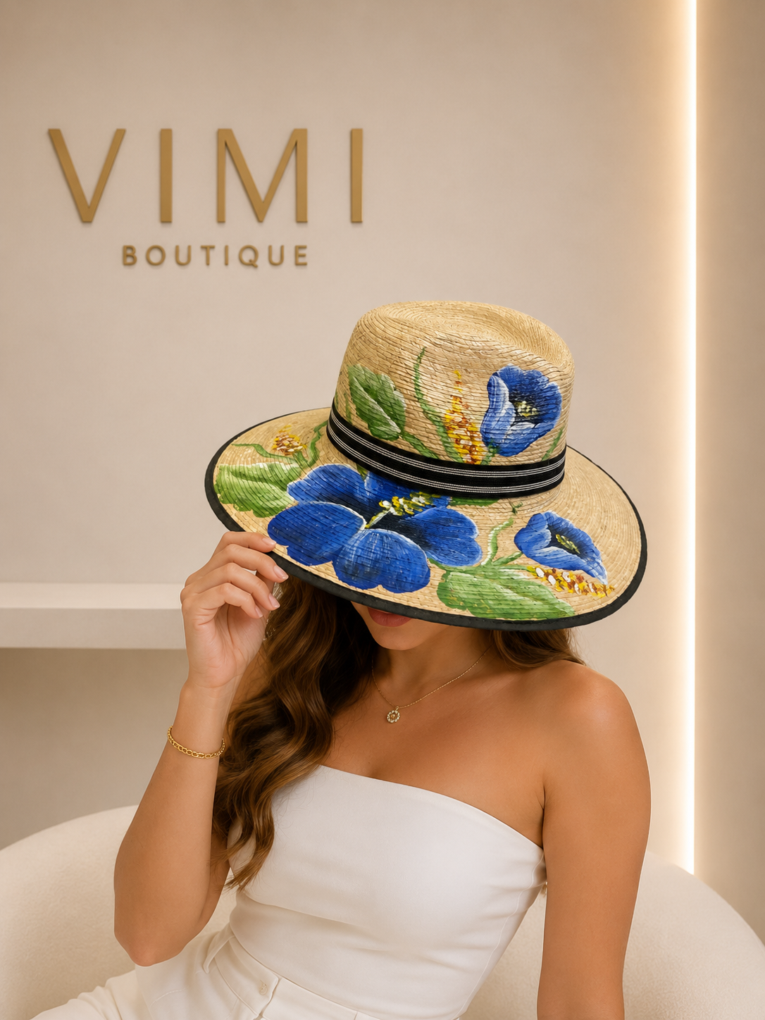 SOMBRERO ARTESANAL FLORES AZULES